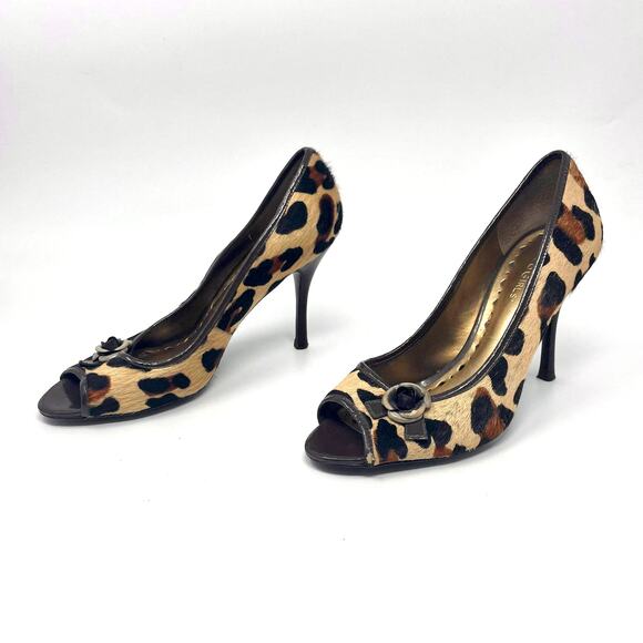 00s BCBGIRLS Vintage Brown Black Leopard Print Peep Toe Pumps - Picture 2 of 11